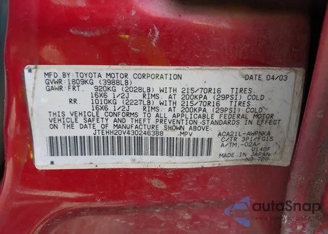 2003 Toyota Rav4 from USA, damaged, VIN JTEHH20V430246388